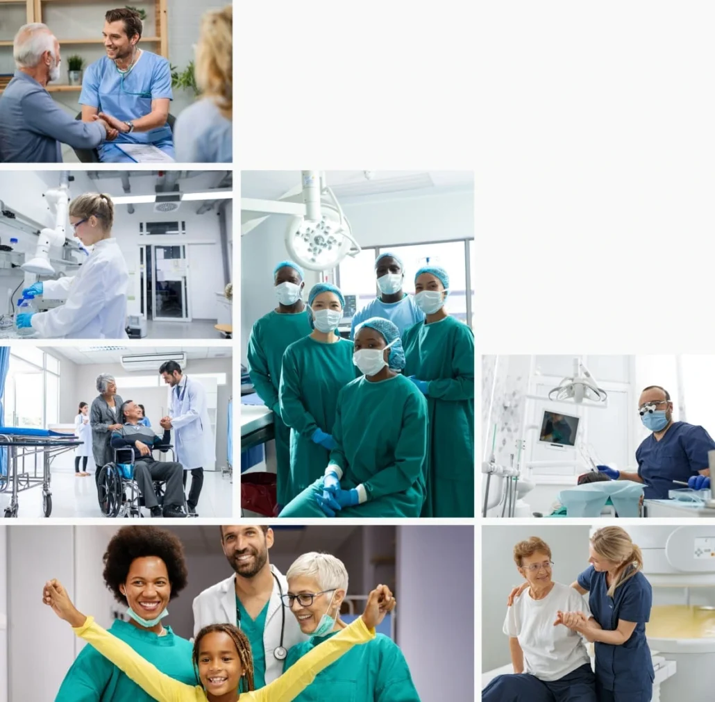 collage of doctors in different roles including consulting and posing