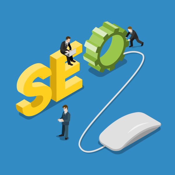 SEO word mouse and content manager people on it flat 3d isometry isometric concept web infographics vector illustration. Search Engine Optimization Process. Creative people collection. seo