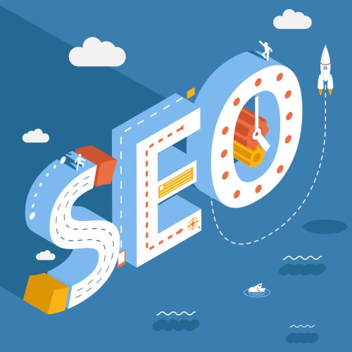 Isometric SEO, success internet searching optimization process illustration seo